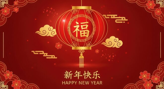 A festive chinese new year background with a red lantern and golden decorations on a red background