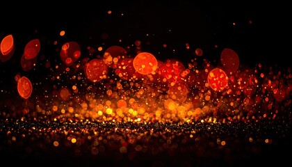 Abstract glowing bokeh lights in warm red and orange tones on black background.