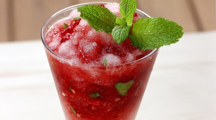 A refreshing red icy drink with mint garnish, a delightful summertime treat