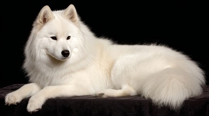 A regal, fluffy white dog lounges gracefully, posing on a dark textured surface