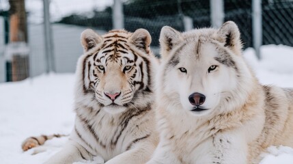 A regal white tiger & wolf duo lie together in snow, gazing at the viewer