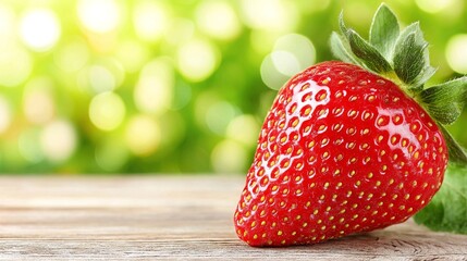 A ripe, juicy strawberry sits on a wooden surface, with a bright, blurred green background