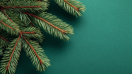 festive Christmas background with evergreen tree branches on a solid green backdrop, perfect for holiday cards, banners, and seasonal designs.