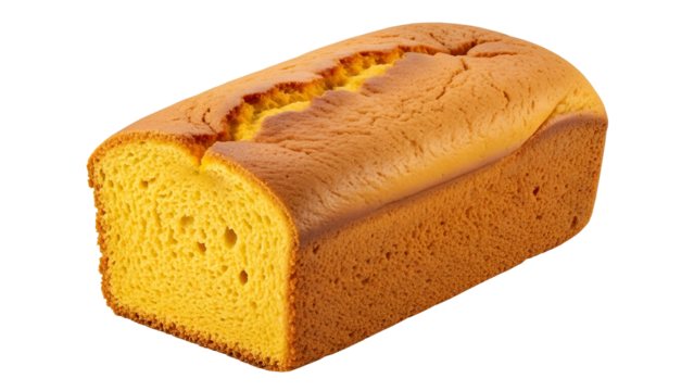 A fluffy and airy rectangular yellow cake with a cracked, golden top on a neutral background; a sponge cake or yellow cornmeal cake with a soft texture and golden crust