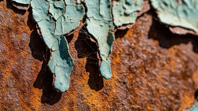 Peeling teal paint on rusty metal surface texture - Powered by Adobe