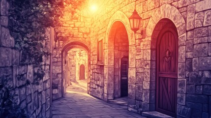 Sunlit stone alleyway with arched entrances and wooden door.