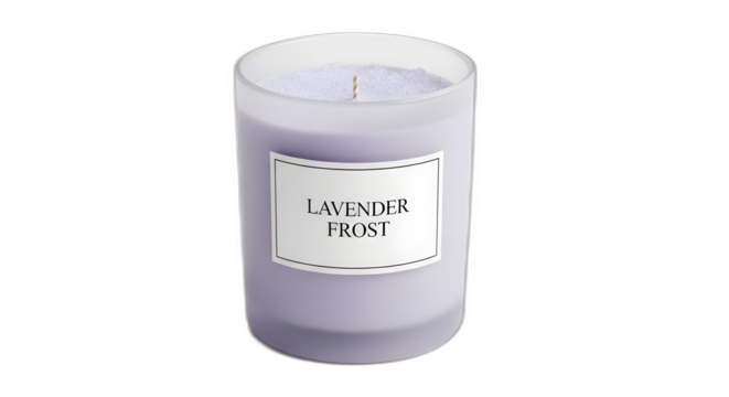 Lavender frost candle aromatherapy wax scent fragrance relaxation light home decor frosted glass burning wick on transparent background