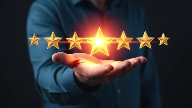 Recommendation marketing and customer trust visualized through five bright stars, recommended product, and excellent customer service