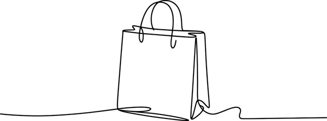 One continuous line drawing of a simple blank shopping bag. empty paper bag for purchase, retail, gift, and store concept on white background Vector, illustration