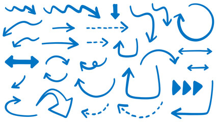 手描きのラフな矢印イラストセット（青）