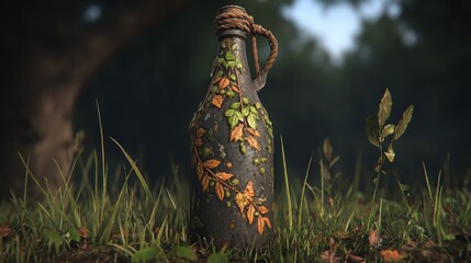 A rustic, antique bottle decorated with foliage, resting on a bed of grass