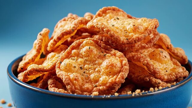 Crispy savory snack food pile in blue bowl with textured background