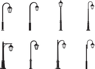 Vintage street lamp and city lantern silhouette set. Classic iron lamppost, old garden light, and urban park electricity vector collection.