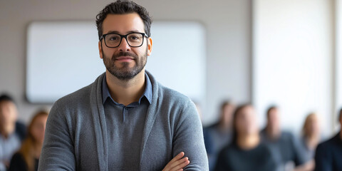 A Latino man with glasses is standing in front of a whiteboard with a group of students behind him.