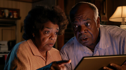 A man and a woman, both over 60, are looking at a tablet screen. The man is pointing at something on the screen.