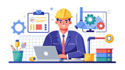 Fototapeta premium Professional engineer in hard hat using laptop with industrial automation and digital technology icons