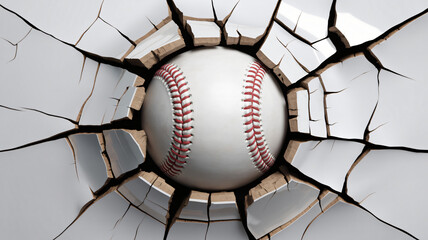 Dramatic baseball breaks through a wall with force and impact