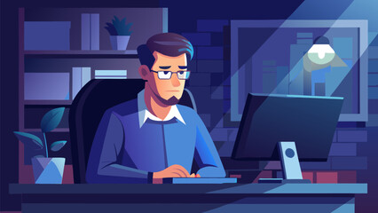 Professional man working late at night on laptop in modern home office with warm lighting © Mdfahad