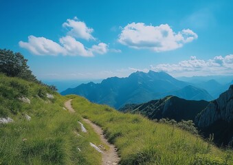 Naklejka premium Mountain path winds through verdant alpine meadow, sunny vista
