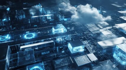 Abstract digital design of connected geometric structures and glowing blue light, representing technology - Footage - Powered by Adobe