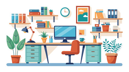 Modern home office workspace with computer, bookshelves, and plants in bright natural lighting © Mdfahad