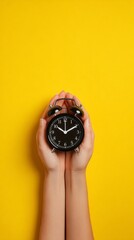 A pair of hands cupping a black alarm clock against a bright yellow background