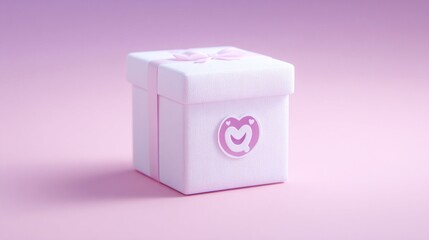 A pastel pink gift box with a bow and a small emblem on a soft pink background