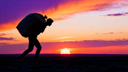 Silhouette man carrying heavy bag burden hardship labor work effort struggle determination perseverance sunset sunrise sky clouds landscape horizon achievement success strength