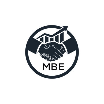 MBE Business Partnership Handshake. MBE Logo with Growth Chart  Corporate Success and Financial. MBE Collaboration Icon.
