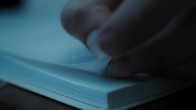 Slow-motion closeup of fingers gently flipping a thin paper sheet on a small notepad, revealing the texture of stacked pages and the tactile motion of turning under blue light