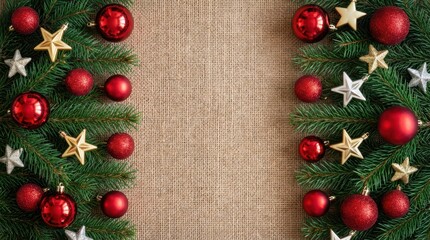 Christmas decorations with pine branches and festive ornaments on a wooden and white background