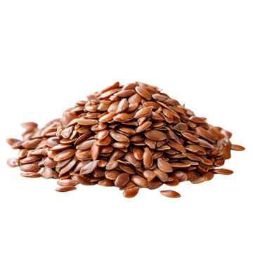 A close-up view of a pile of flax seeds on a white background, showcasing their rich brown color and unique texture.