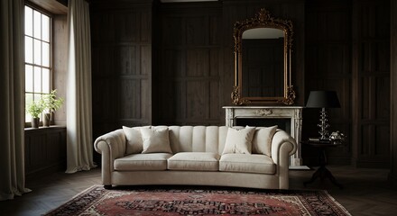 明るい窓から差し込む柔らかな光がクラシックなベージュのソファを照らす温かく落ち着いた豪華なリビング空間. AI Generated