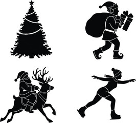 Christmas holiday silhouettes featuring Santa Claus, elf with gifts, decorated Christmas tree, reindeer rider, and ice skating girl festive vector illustration
