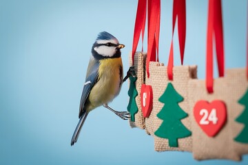 Bird on advent calendar christmas decoration hanging with red ribbons and blue background image stock photo