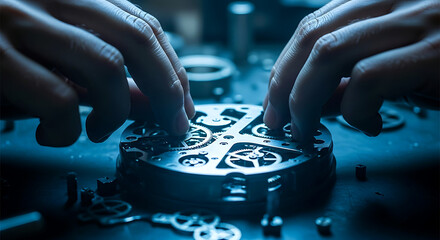 Hands assembling a complex watch mechanism with gears and cogs on a table