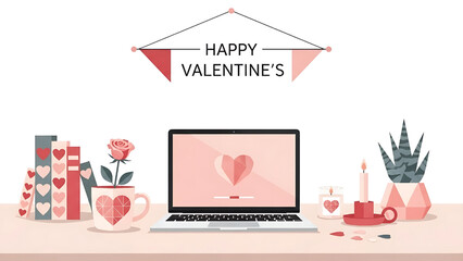 Valentine's Day Home Office Setup with Laptop and Decorations