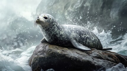Harbor seal pup resting on a rock amidst crashing waves.