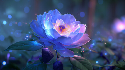 Futuristic Neon Blue Flower in Glowing Fantasy Garden