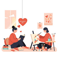 Valentines Day Relaxing at Home Reading and Painting