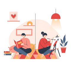 Cozy Home Activities: Reading and Painting Illustration for Relaxation