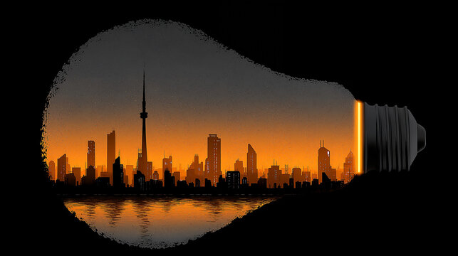 Golden city skyline silhouette inside neon bulb technology concept modern design futuristic style generated AI