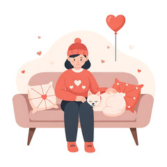 Cozy Valentine's Day Scene with Woman Cat and Heart Balloon
