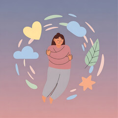 Self Love Embrace: Woman in a Circle of Positive Symbols Illustration