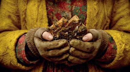 A person, in a yellow sweater, holding a honeycomb full of bees. Close-up. Warm tones