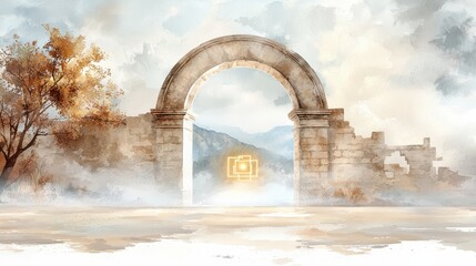 Exploring the Ethereal Connection: A Glowing Digital Gateway Beyond a Misty Stone Archway in Education's Future