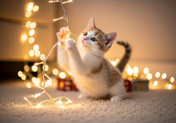 Warm Fairy Light Glow Illuminating Playful White and Ginger Kitten