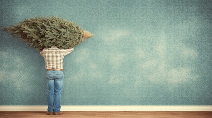 A person with a plaid shirt and jeans carries a fir tree, set against a teal background