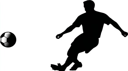 A silhouette depicts a soccer player kicking a ball on a white background