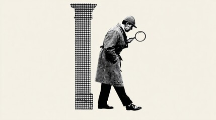 A silhouette illustration of a detective and a pillar with a magnifying glass